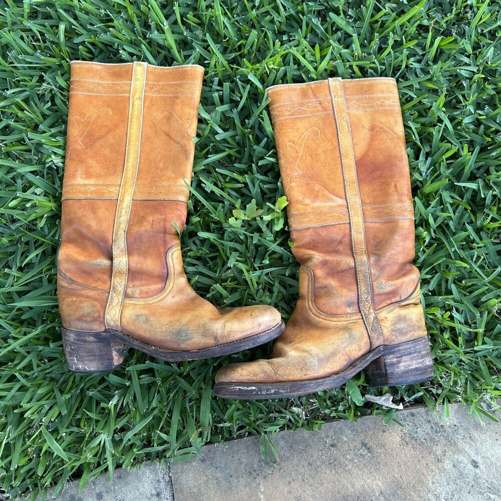 VTG 70s Frye Campus Longhorn 9.5D Black Label Saddle Brown Western Boots As Is